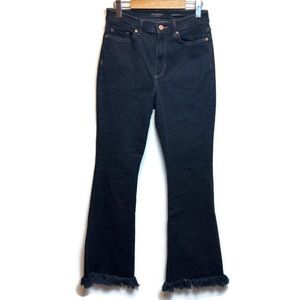 Banana Republic High Rise Flare dark wash Sz 28 with Fringe Raw Hem EUC
